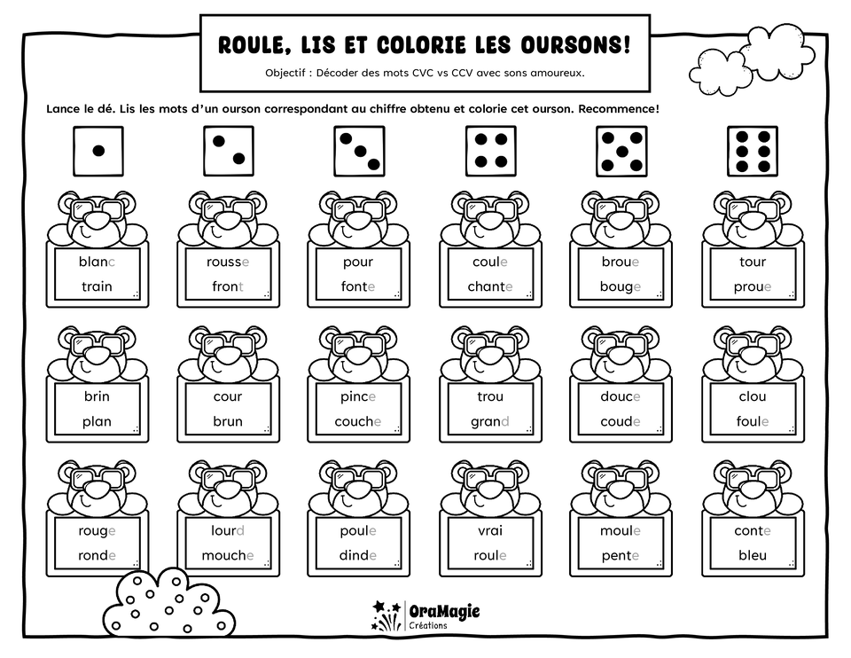 Roule, lis et colorie les oursons - Décodage mots CVC-CCV avec sons amoureux Roule, lis et colorie les oursons - Décodage mots CVC-CCV avec sons amoureux