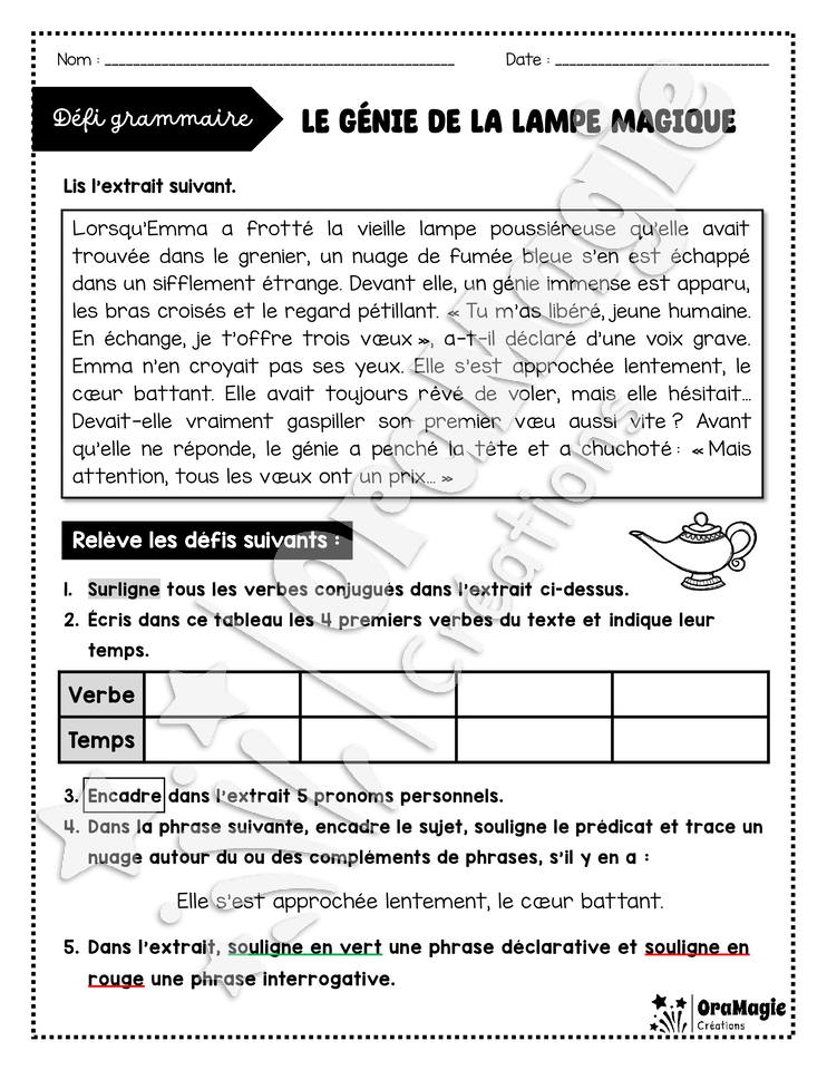 Défi grammaire - Le génie de la lampe magique Défi grammaire - Le génie de la lampe magique