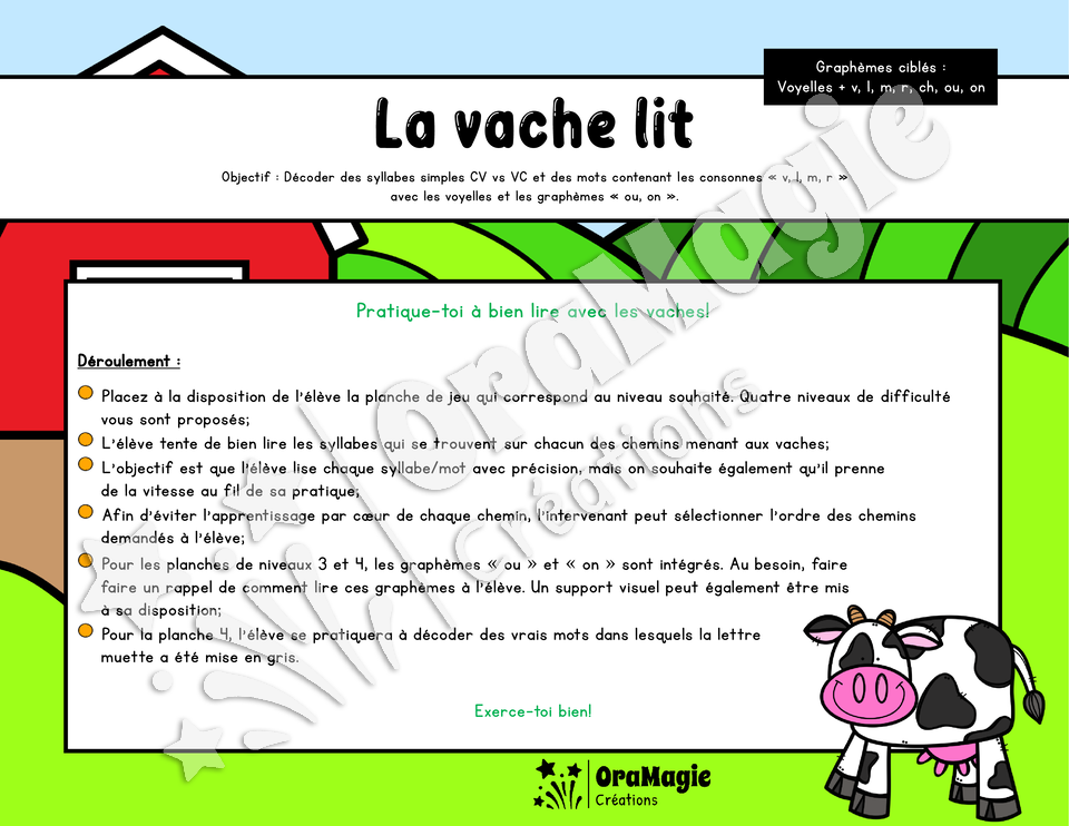 La vache lit - Décodage syllabes simples CV et VC - Graphème v et voyelles, ou, on La vache lit - Décodage syllabes simples CV et VC - Graphème v et voyelles, ou, on