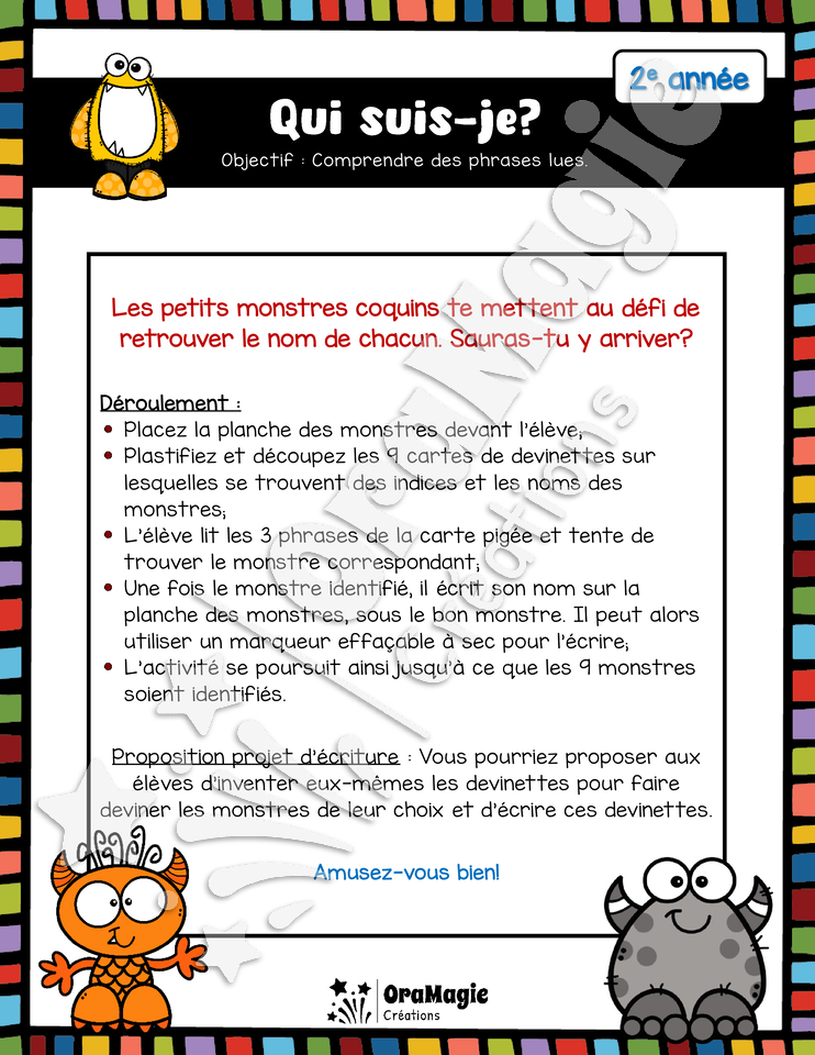 Qui suis-je - Des noms de monstres - Compréhension de lecture 2e année Qui suis-je - Des noms de monstres - Compréhension de lecture 2e année