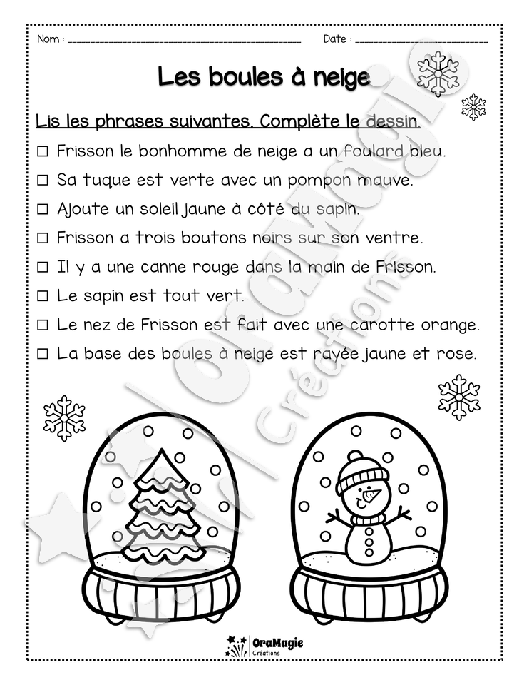 Compréhension de lecture - Lis et colorie - Les boules à neige - 1re année Compréhension de lecture - Lis et colorie - Les boules à neige - 1re année