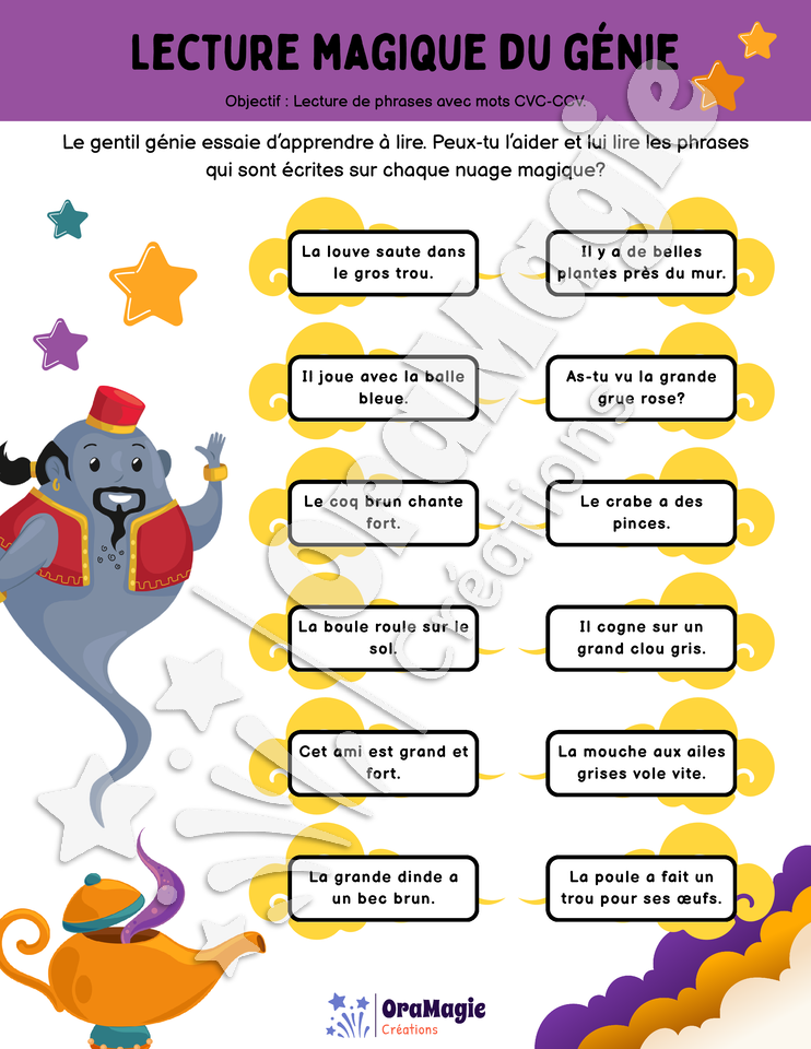 Lecture magique du génie - Phrases avec mots CVC-CCV Lecture magique du génie - Phrases avec mots CVC-CCV