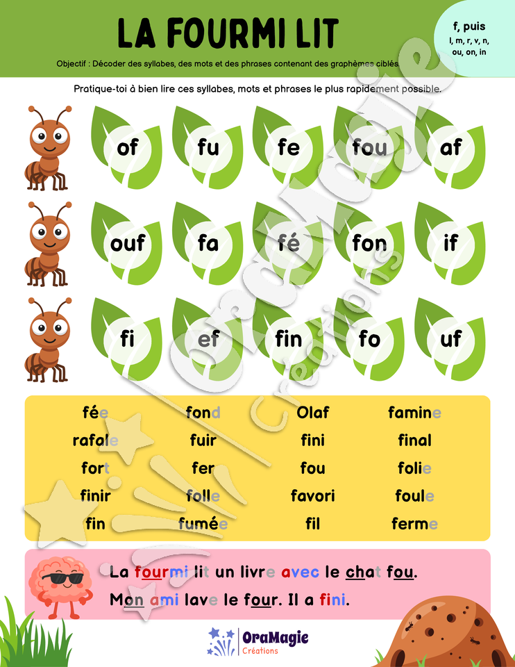 La fourmi lit - Décodage de syllabes et de vrais mots contenant f, l, m, r, ch, v, n, ou, on, in + voyelles La fourmi lit - Décodage de syllabes et de vrais mots contenant f, l, m, r, ch, v, n, ou, on, in + voyelles