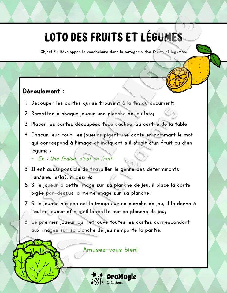 Loto des fruits et légumes Loto des fruits et légumes