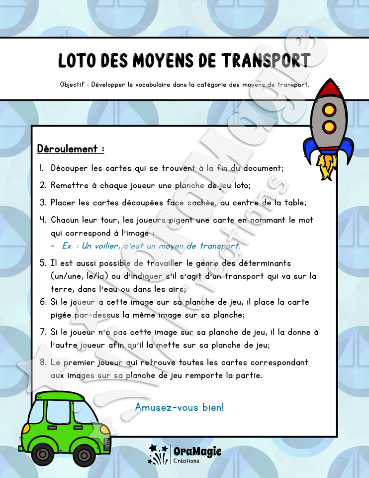 Loto des moyens de transport - Vocabulaire Loto des moyens de transport - Vocabulaire