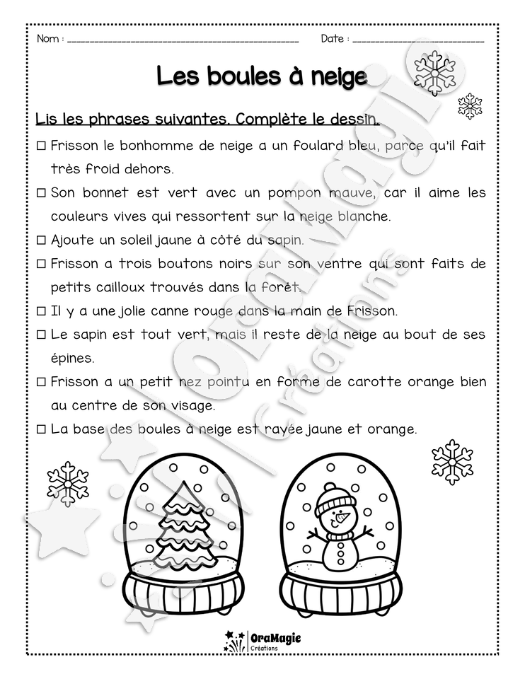 Compréhension de lecture - Lis et colorie - Les boules à neige - 2e année Compréhension de lecture - Lis et colorie - Les boules à neige - 2e année