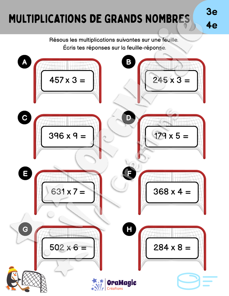 Multiplications de grands nombres - Hockey - 3e et 4e années Multiplications de grands nombres - Hockey - 3e et 4e années
