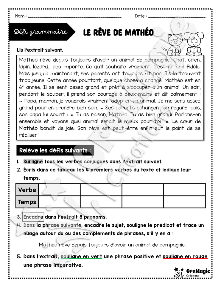 Défi grammaire - Le rêve de Mathéo Défi grammaire - Le rêve de Mathéo