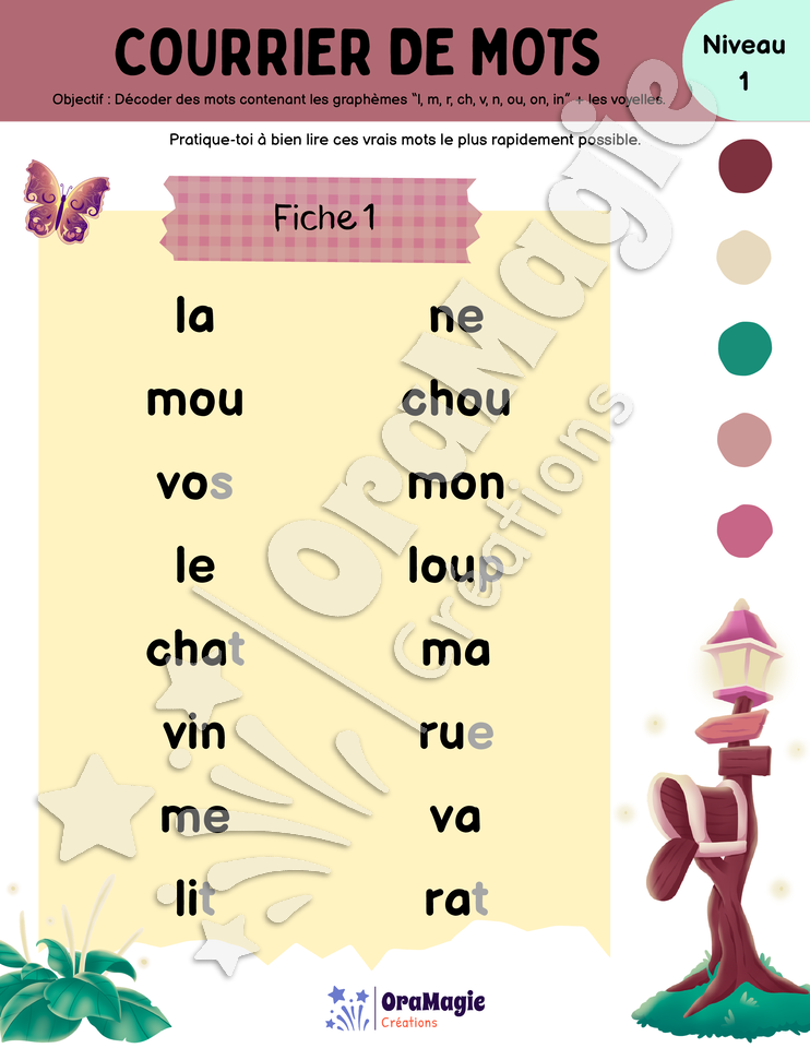 Courrier de mots - Décodage de vrais mots contenant l, m, r, ch, v, n, ou, on, in + voyelles Courrier de mots - Décodage de vrais mots contenant l, m, r, ch, v, n, ou, on, in + voyelles