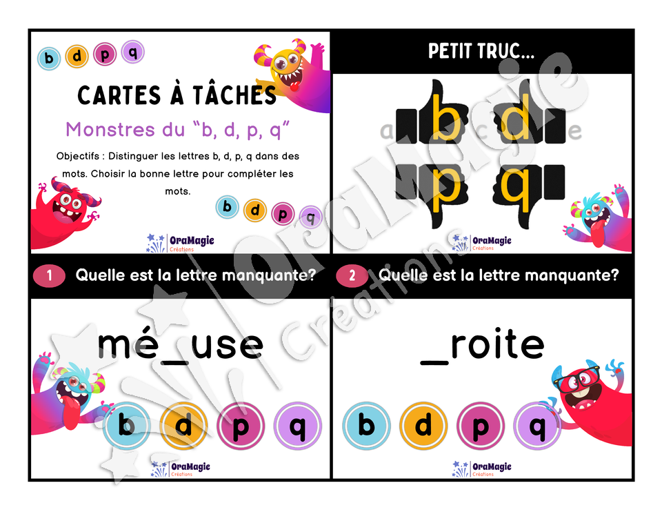 Cartes à tâches - Monstres du b, d, p, q Cartes à tâches - Monstres du b, d, p, q