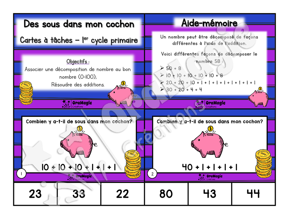 Cartes à tâches - Des sous dans mon cochon - Décomposition de nombres - 1er cycle primaire - 5$.pdf