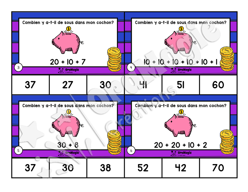 Cartes à tâches - Des sous dans mon cochon - Décomposition de nombres