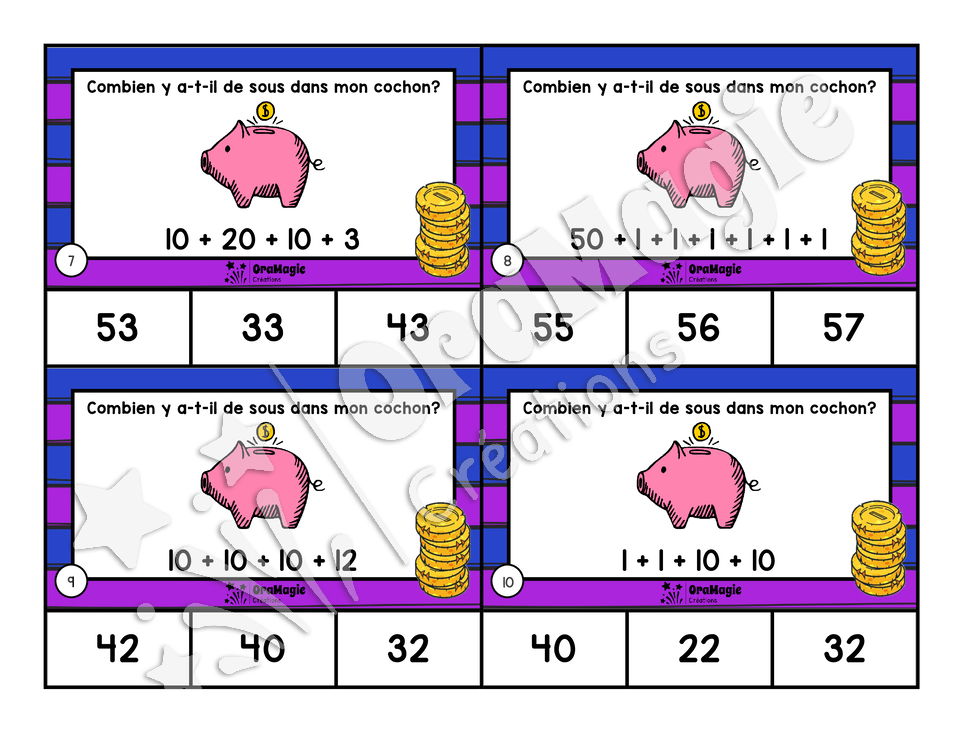 Cartes à tâches - Des sous dans mon cochon - Décomposition de nombres