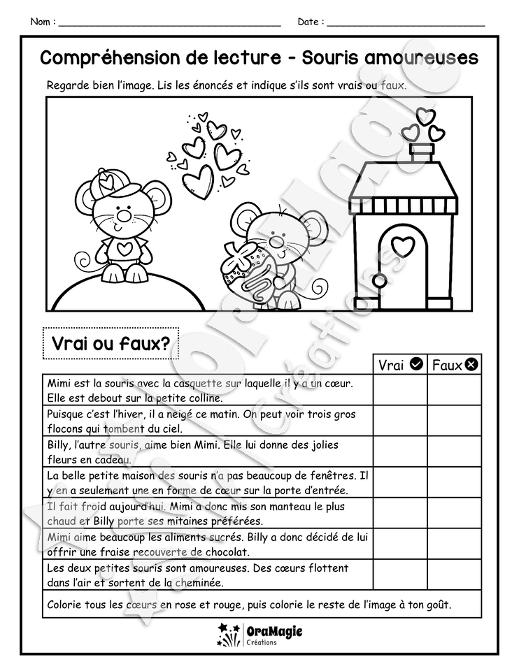 Compréhension de lecture - VRAI OU FAUX - Souris amoureuses - 2e année.pdf
