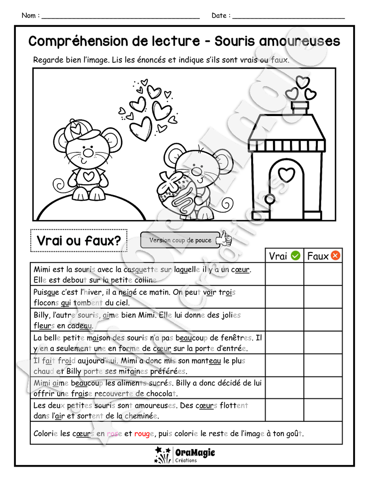 Compréhension de lecture - VRAI OU FAUX - Souris amoureuses