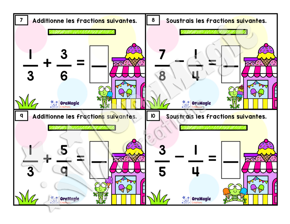 Cartes à tâches - Les fractions glacées - Additions et soustractions de fractions