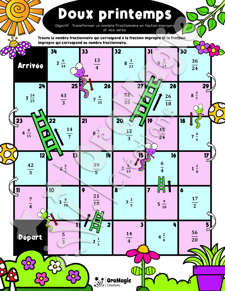 Doux printemps - Serpent et échelle - Nombre fractionnaire et fraction impropre - 6e année.pdf