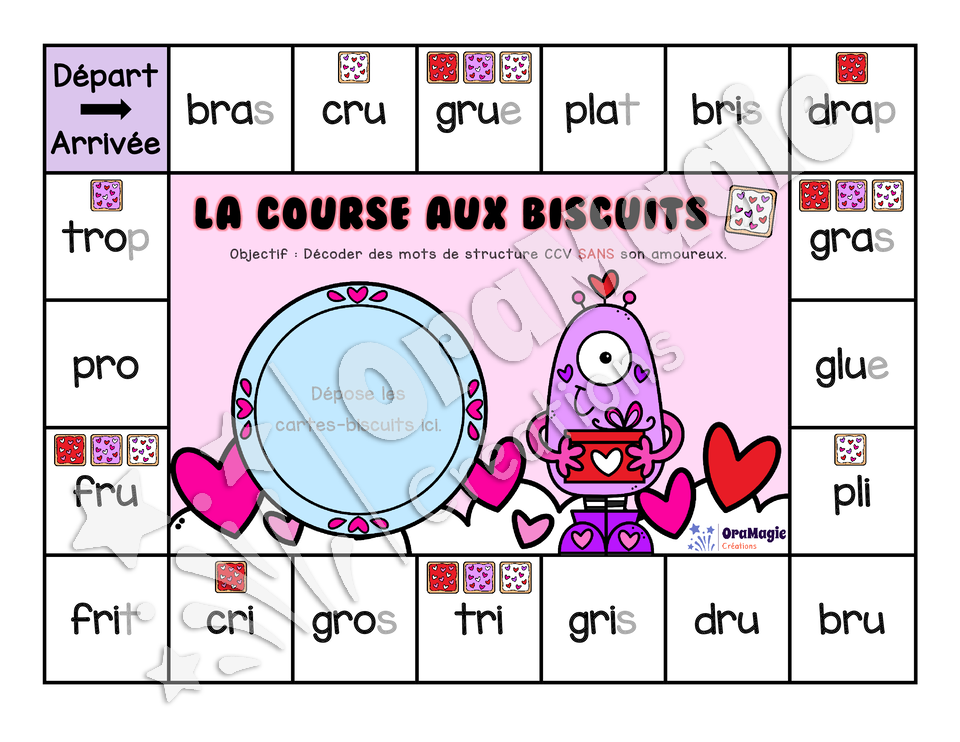 La course aux biscuits - Décodage vrais mots CCV avec et sans sons amoureux
