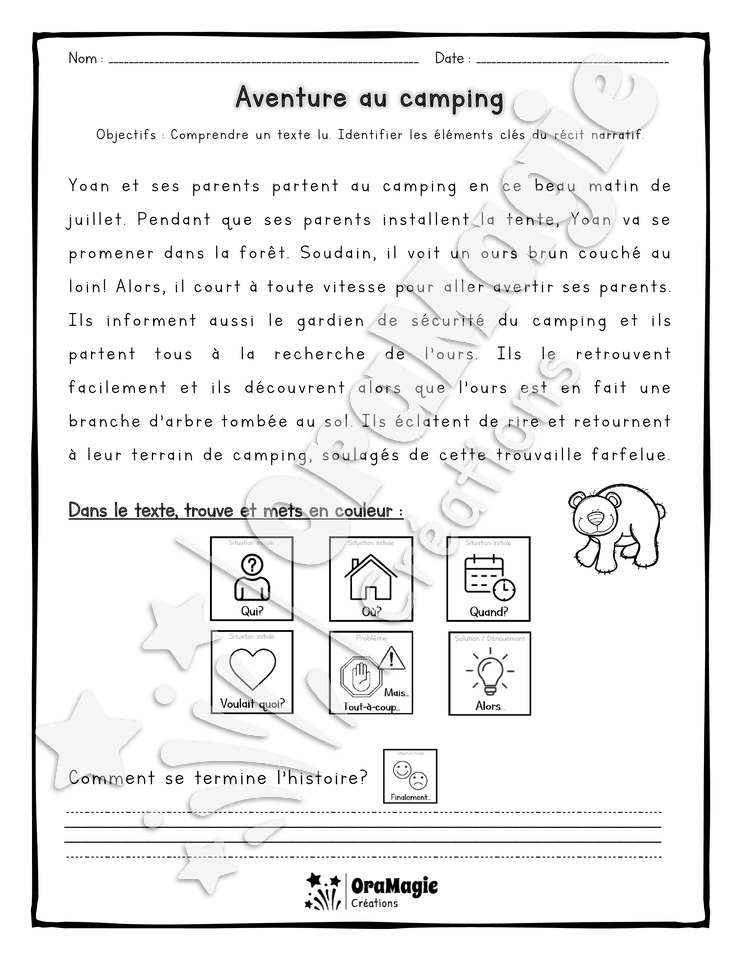 Compréhension de lecture et du récit 1re année - Aventure au camping.pdf