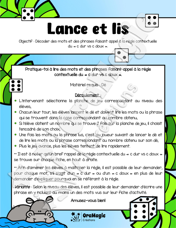 Lance et lis - Décodage de mot et de phrases - Thème jungle - Règle contextuelle du c dur vs c doux - Langage écrit.pdf