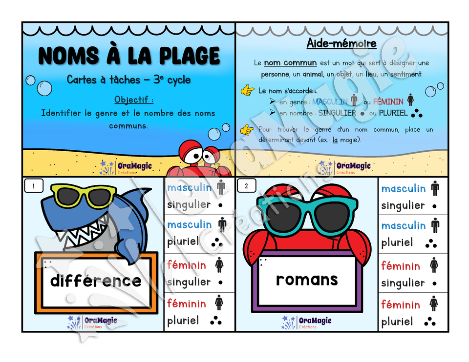 Cartes à tâches - Noms à la plage - Genre et nombre des noms - 3e cycle - 4$.pdf
