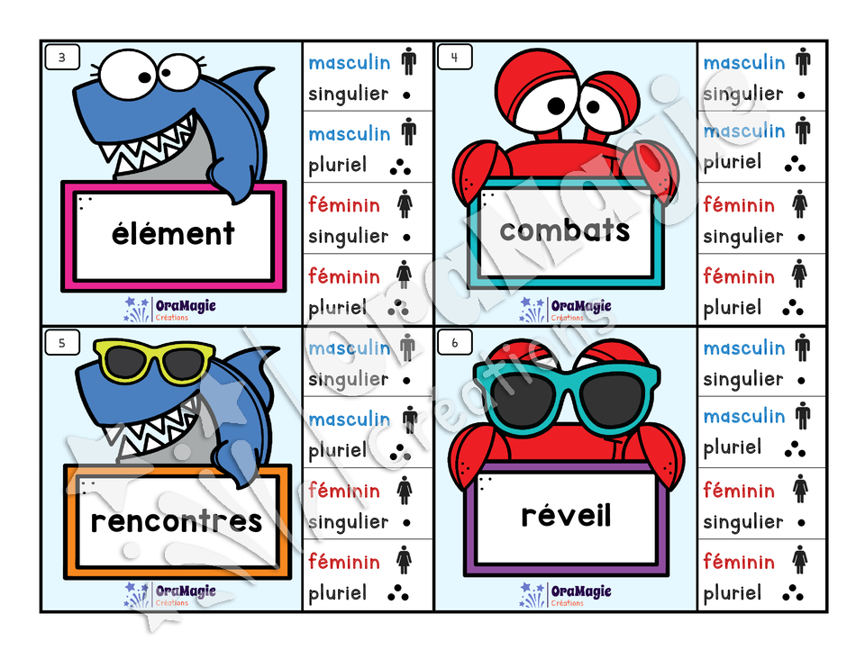 Cartes à tâches - Noms à la plage - Genre et nombre des noms