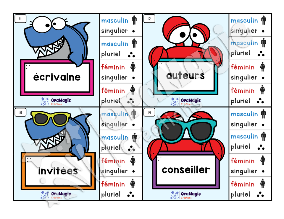 Cartes à tâches - Noms à la plage - Genre et nombre des noms