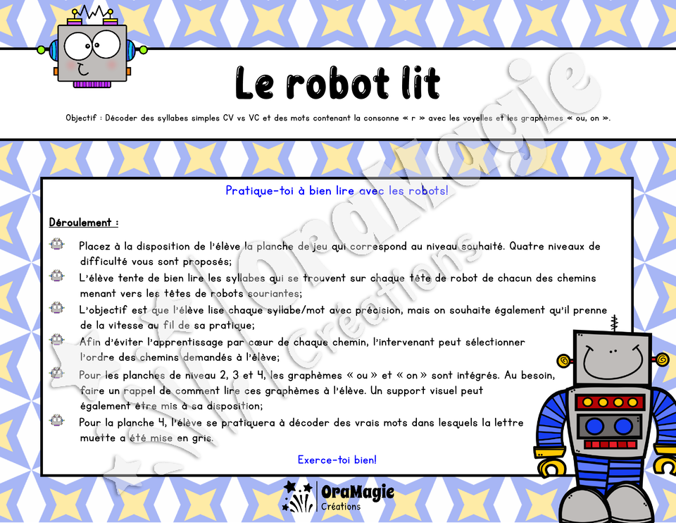 Le robot lit - Décodage syllabes simples CV et VC - 1re année et langage écrit - voyelles, r, ou, on.pdf