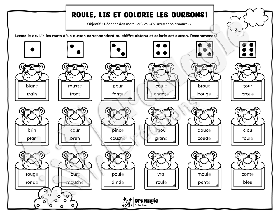 Roule lis et colorie les oursons - Décodage mots CVC-CCV avec sons amoureux - 1re année, langage écrit - 3$.pdf