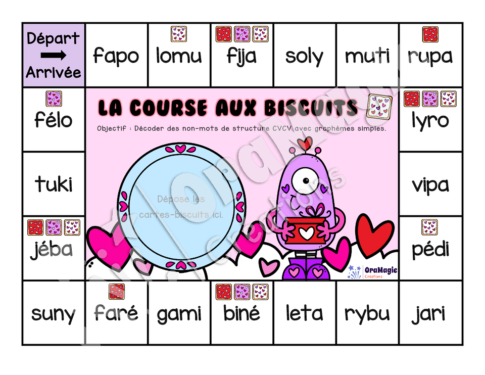 La course aux biscuits - Décodage non-mots CVCV avec graphèmes simples et avec -ch, ou, on, in, an, en, un-