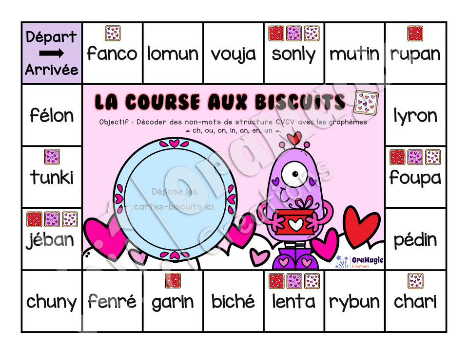 La course aux biscuits - Décodage non-mots CVCV avec graphèmes simples et avec -ch, ou, on, in, an, en, un-