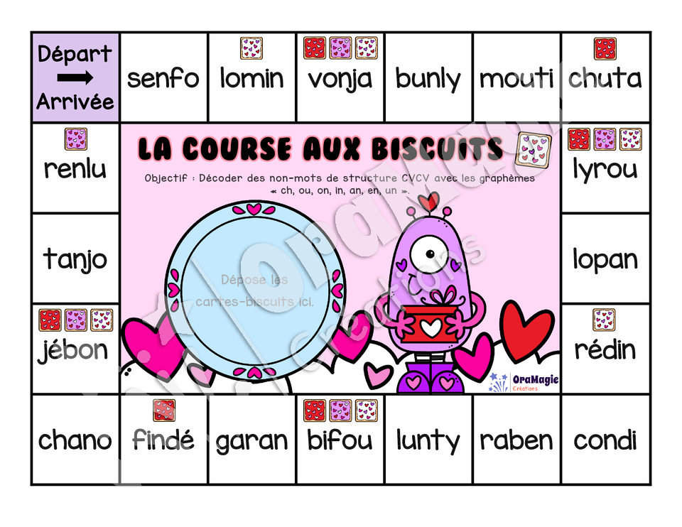La course aux biscuits - Décodage non-mots CVCV avec graphèmes simples et avec -ch, ou, on, in, an, en, un-