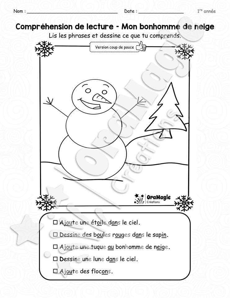 Compréhension de lecture - Mon bonhomme de neige