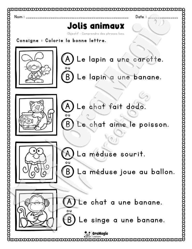Compréhension de lecture - Trouve la bonne phrase - Jolis animaux - 1re année.pdf