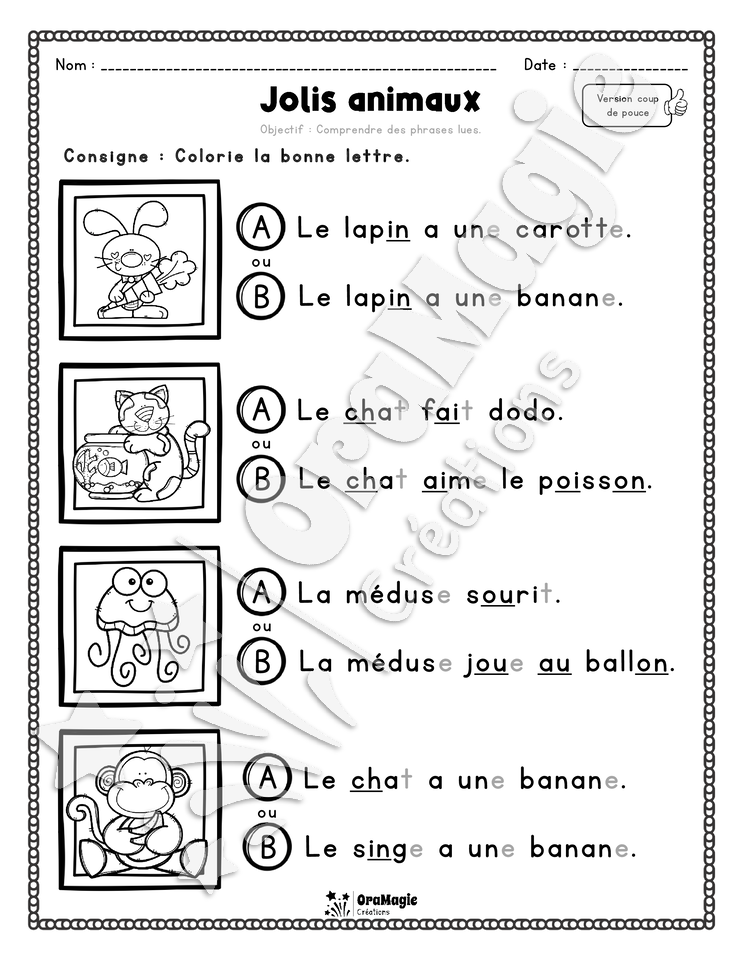 Compréhension de lecture - Trouve la bonne phrase - Jolis animaux