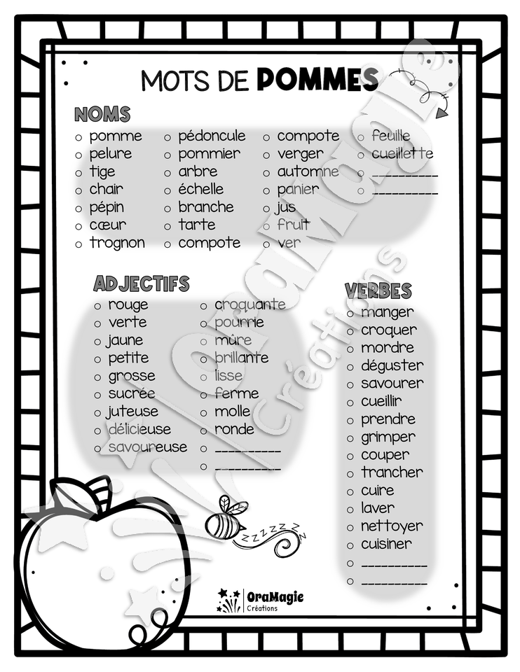 Mots de POMMES à découper et à classer