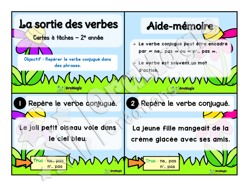 Cartes à tâches - La sortie des verbes  - Repérer le verbe conjugué dans une phrase - 2e année.pdf