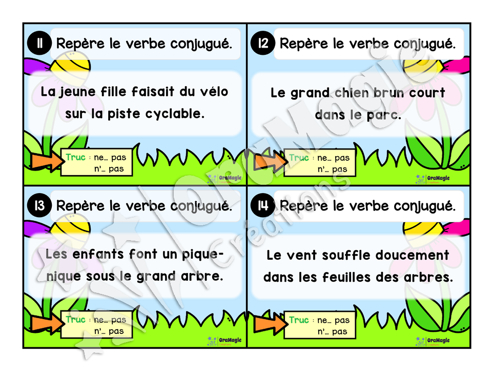 Cartes à tâches - La sortie des verbes - Repérer le verbe conjugué dans une phrase - 2e année