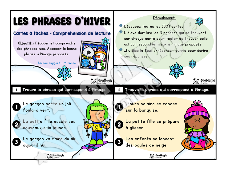 Cartes à tâches - Les phrases d'hiver - Association phrase image - 1re année.pdf