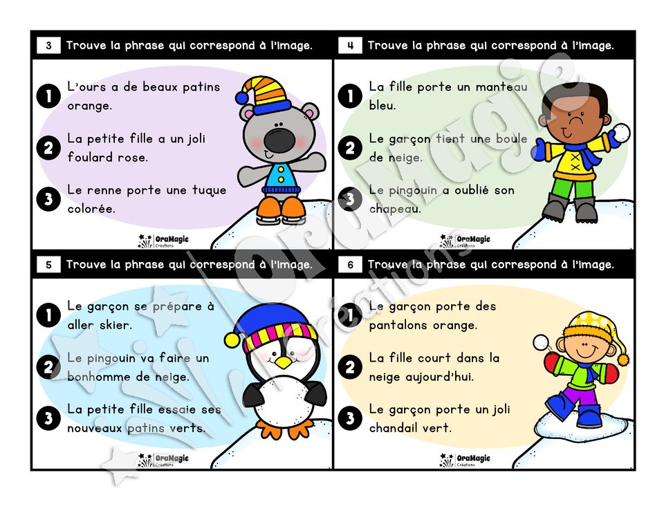 Cartes à tâches - Les phrases d'hiver - Association phrase image