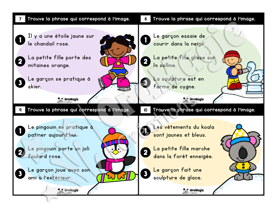 Cartes à tâches - Les phrases d'hiver - Association phrase image