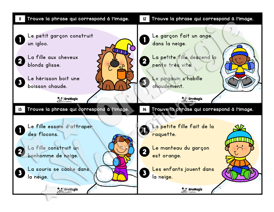 Cartes à tâches - Les phrases d'hiver - Association phrase image