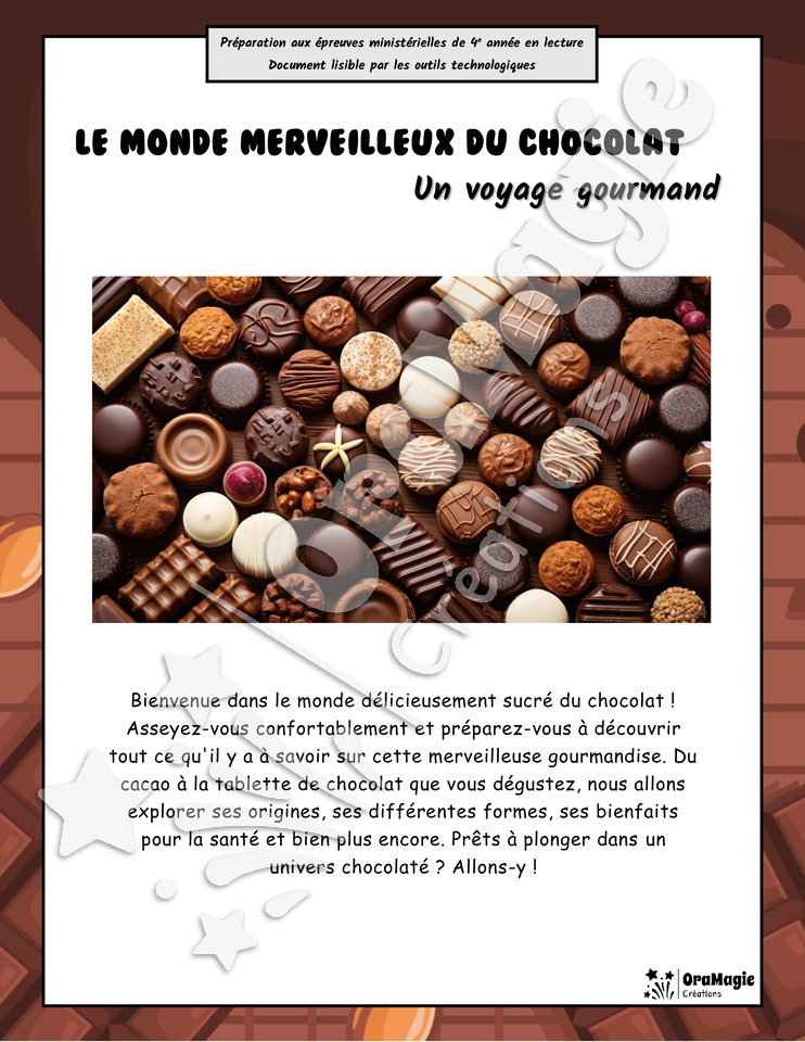 Le monde merveilleux du chocolat - Compréhension lecture 4e année - Préparation examen ministère.pdf
