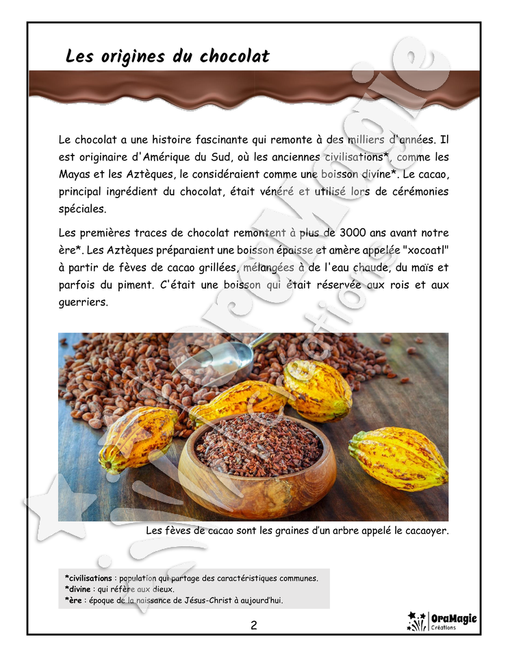 Le monde merveilleux du chocolat - Compréhension lecture 4e année