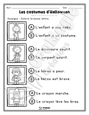 Compréhension de lecture - Trouve la bonne phrase - Les costumes d'Halloween - 1re année - 3$.pdf