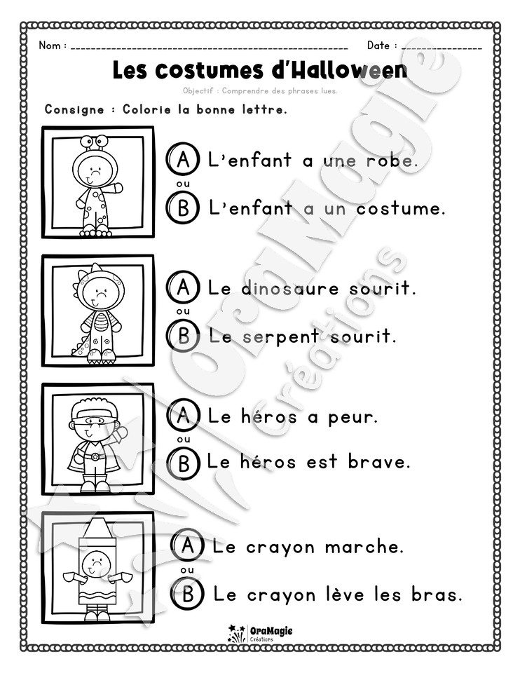 Compréhension de lecture - Trouve la bonne phrase - Les costumes d'Halloween - 1re année - 3$.pdf