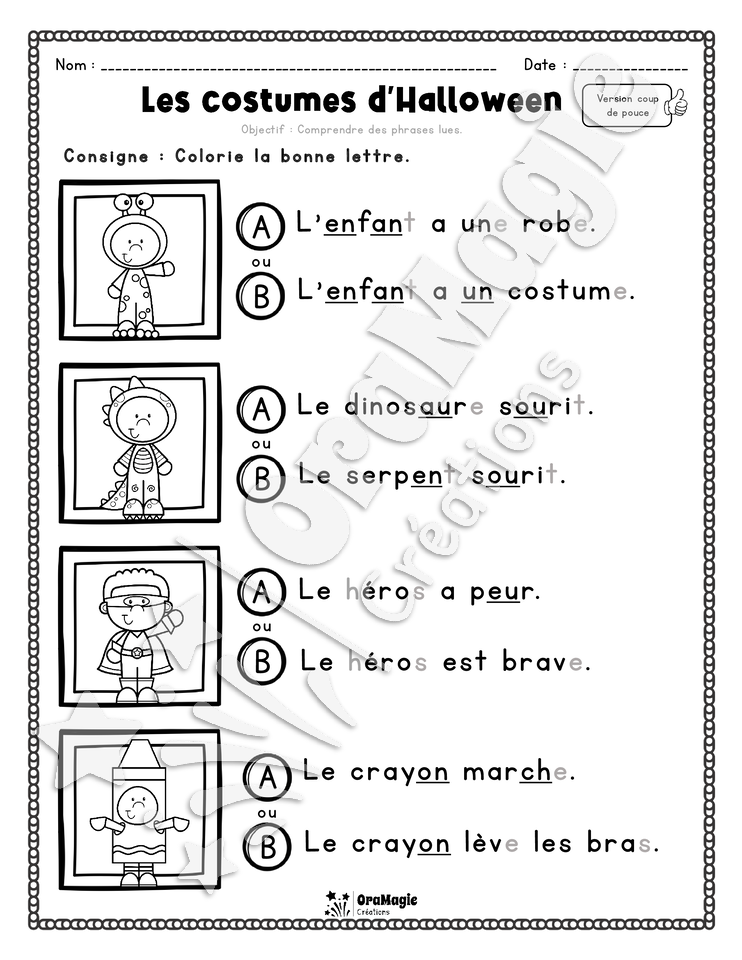 Compréhension de lecture - Trouve la bonne phrase - Les costumes d'Halloween - 1re année