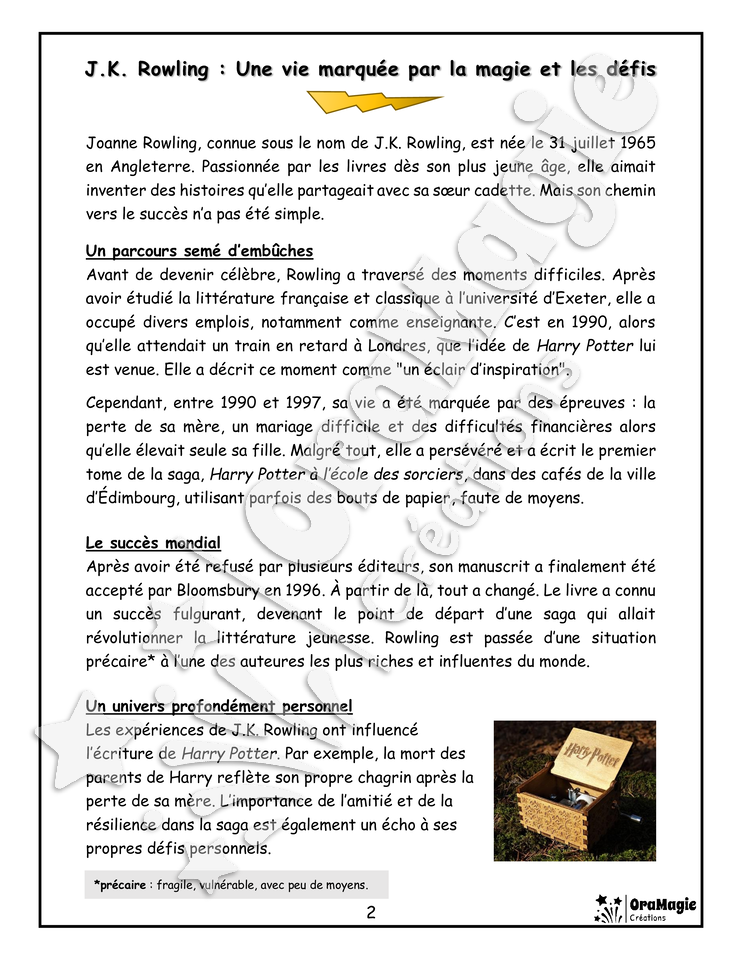 Harry Potter - Compréhension lecture 6e année - Texte courant - Préparation examen ministère