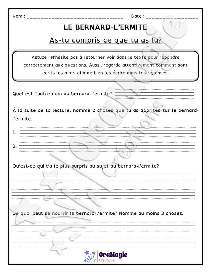 Comprendre un texte informatif - Le bernard-l'ermite