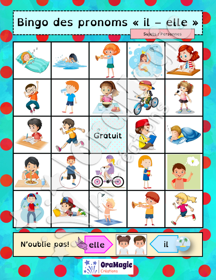 Bingo des pronoms il-elle - sujets personnes